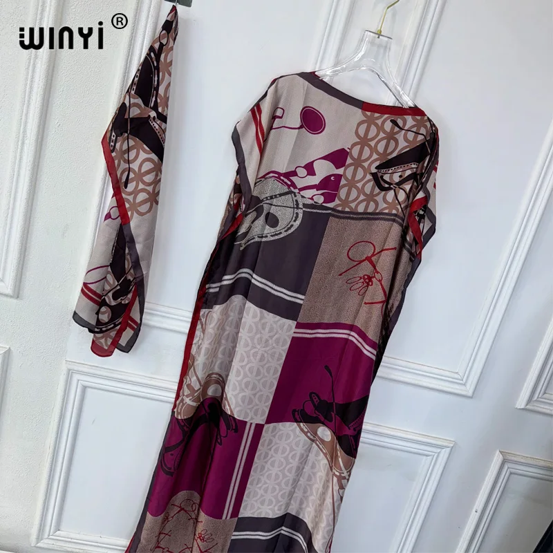 WINYI-Robe Dashiki bohème pour femmes africaines, imprimé musulman, dubaï, taille libre, design avec écharpe, maxi adt, robe élégante africaine, nouvelle collection 2024