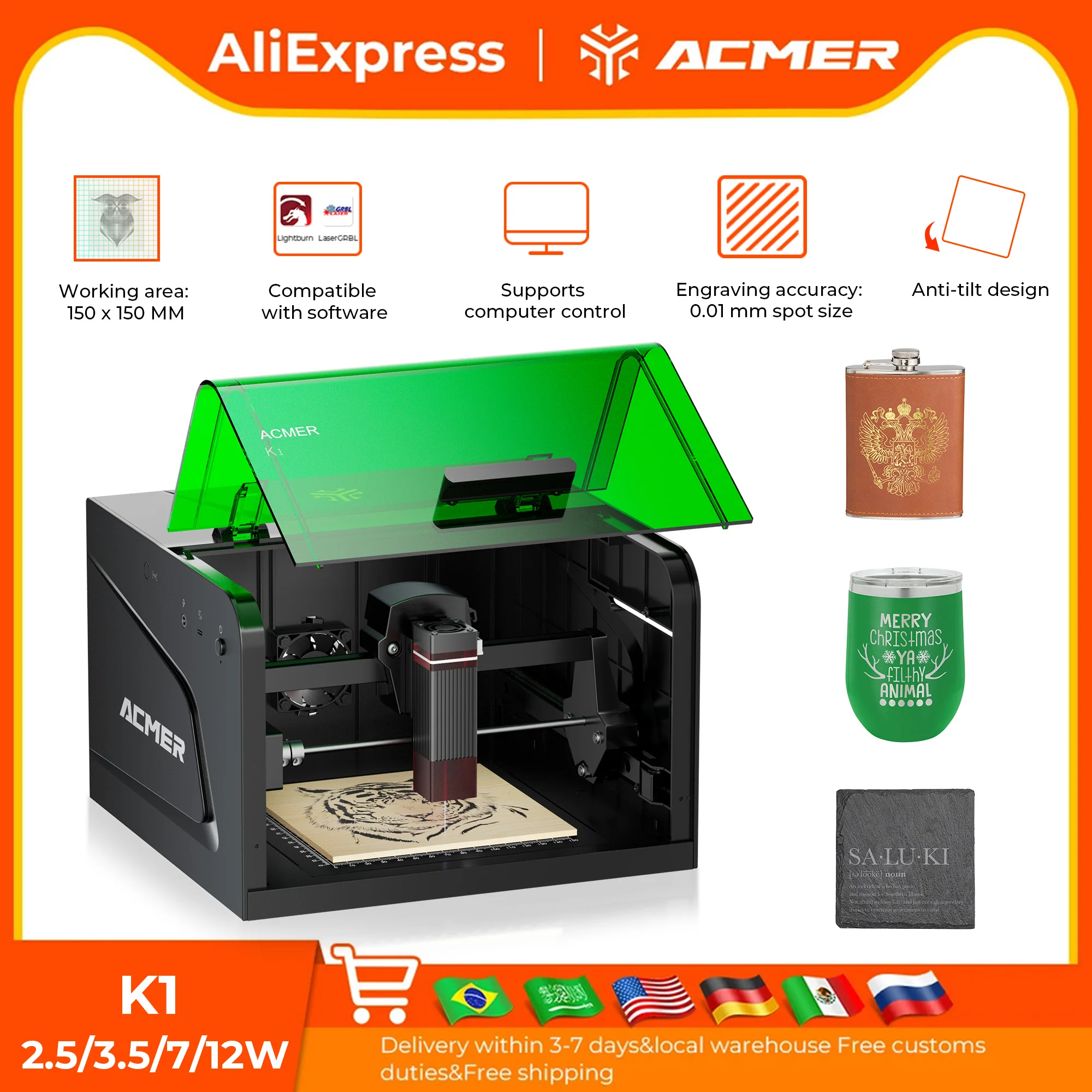 Máquina CNC de Grabado Láser Sellada ACMER K1, Precisión de Corte de 0.01mm, Velocidad de Corte de 10000mm/min, Área de Trabajo de 150*150mm, Para Bricolaje y Enseñanza grabadora láser herramienta