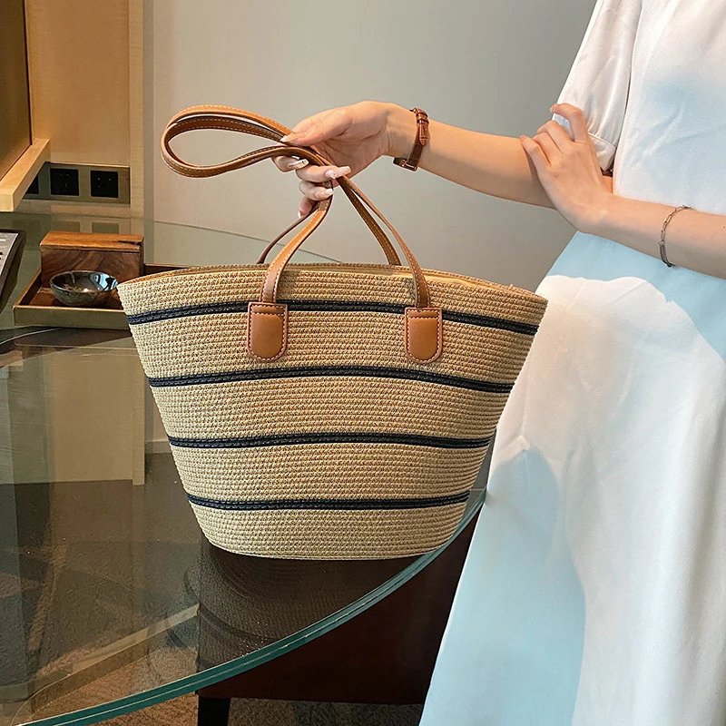 Women Fashion Striped Summer Beach Straw Knitting Shoulder Bag Hollow Out Handwoven Handbags Portable Large Capacity Casual Tote