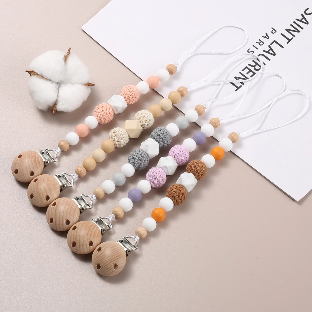 Beech Wood Dummy Holder Clips Wooden Crochet Ball Silicone Beaded Baby Pacifier Chain Food Grade Appease Nipple Chain Care Toy