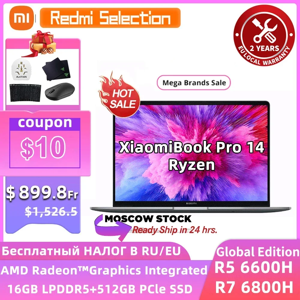 Xiaomi Book Pro 14 Laptop Ryzen R5-6600H/R7-6800H 16GB 512G/1T SSD 2.8K 90Hz Screen Notebook Global Version PC