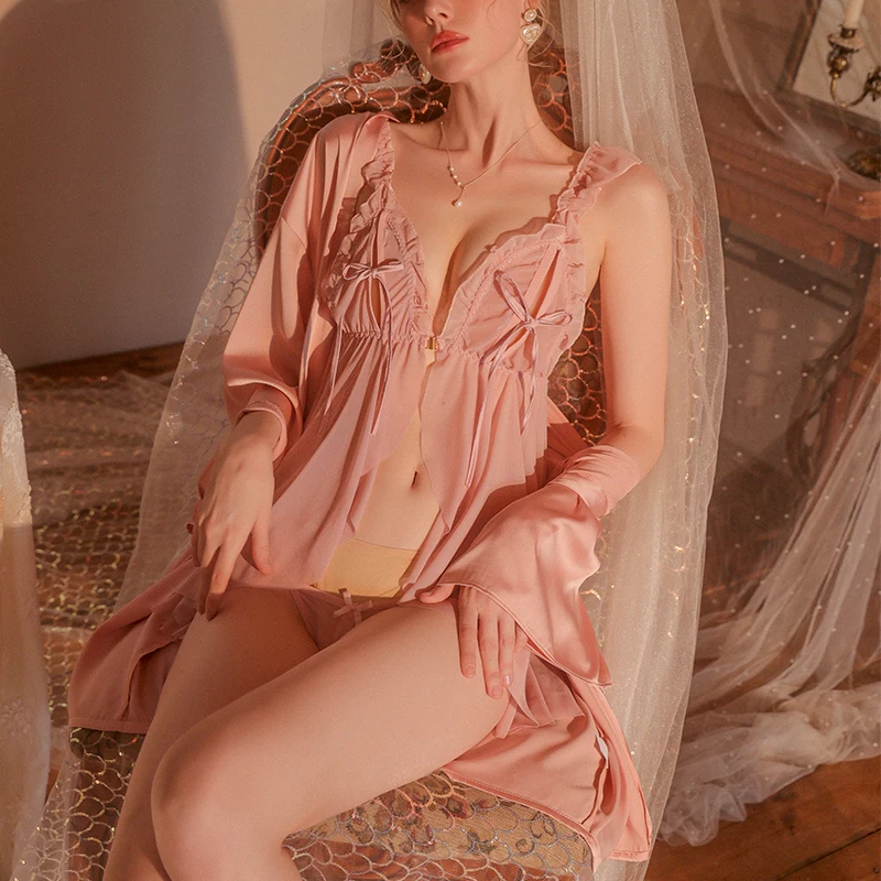 Summer Sleeping Dress Women Front Buckle Nightgown French Romance Sexy V-neck Sling Lace Babydoll Nightdress Thong Set Nighty