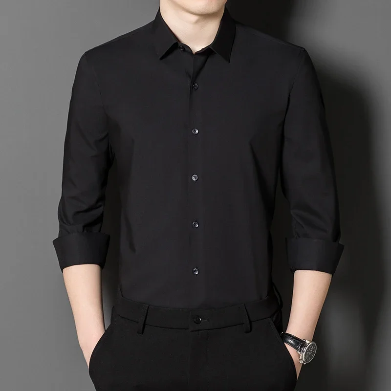 Higth qulity mulberry silk long sleeve shirts for men slim fit formal shirt elastic anti-wrikle tops white black office clothes