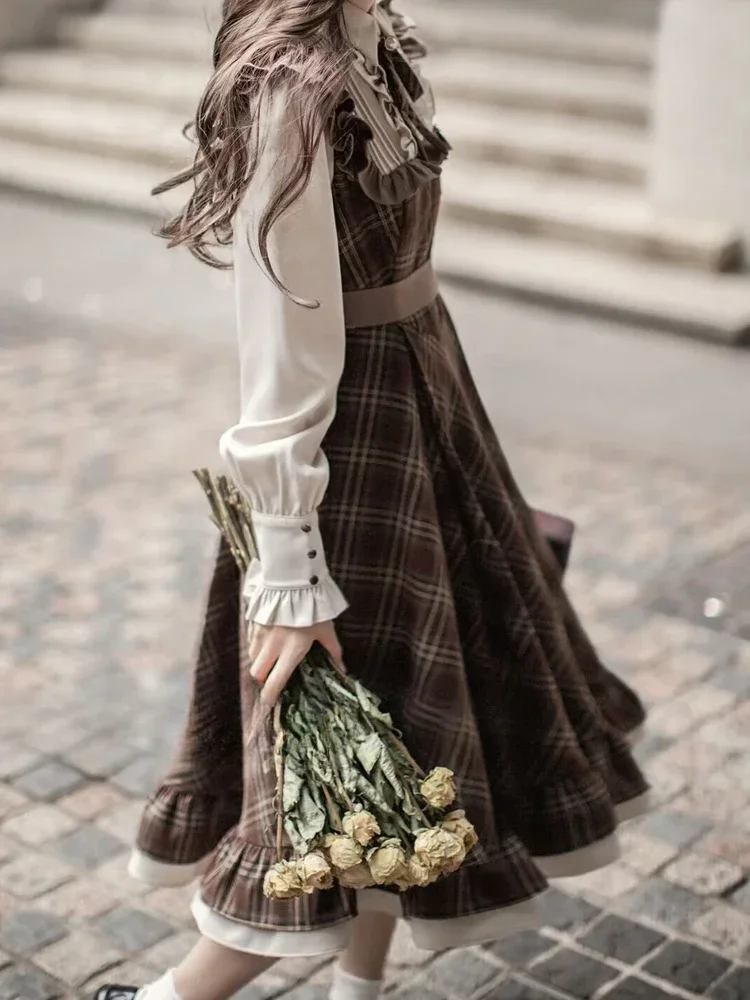 Fake Two-Piece Dress for Women Long Skirt Slim Fit Waist Cinching Vintage Lolita Plaid Bow New Korean Style Fashion Winter 2024 4