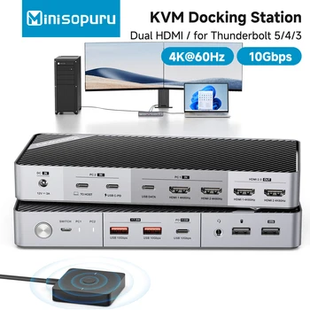 Minisopuru Dual Monitor KVM Switch Docking Station for Laptop Desktop,with 4K HDMI 15W Charge USB Hubs for Thunderbolt 5/4/3