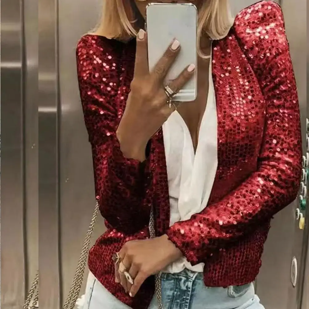

Fashion Sequin Jacket Puff Sleeve Cardigan Comfortable Open Front Glitter Cropped Blazer Women Coat Dress Up