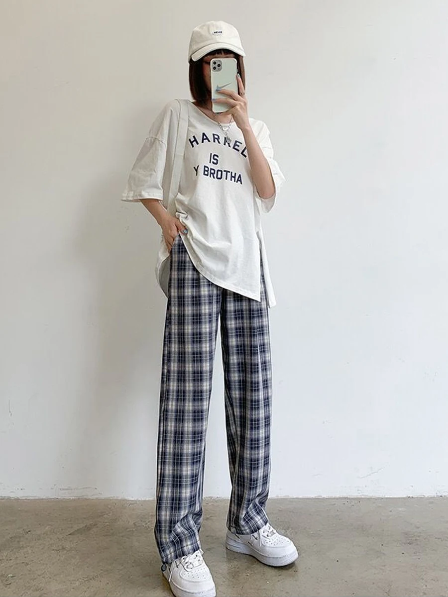 Casual Baggy Plaid Pants Women Summer New High Waist Loose Straight Wide Leg Pants Female