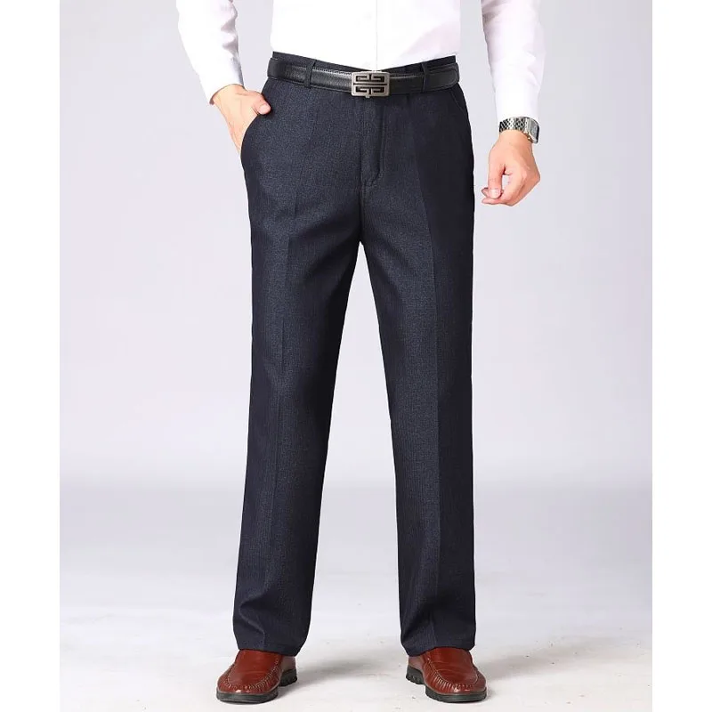 2023 Casual Men's Solid Color Straight Pants Autumn Winter Male Clothes Business Office Pockets Mid Waist Thickening Trousers