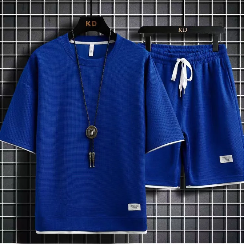 Summer Men's Casual Trend Waffle Short Sleeve T-Shirt And Shorts Sports Suit Youth Fashion Short Sleeve Sportswear