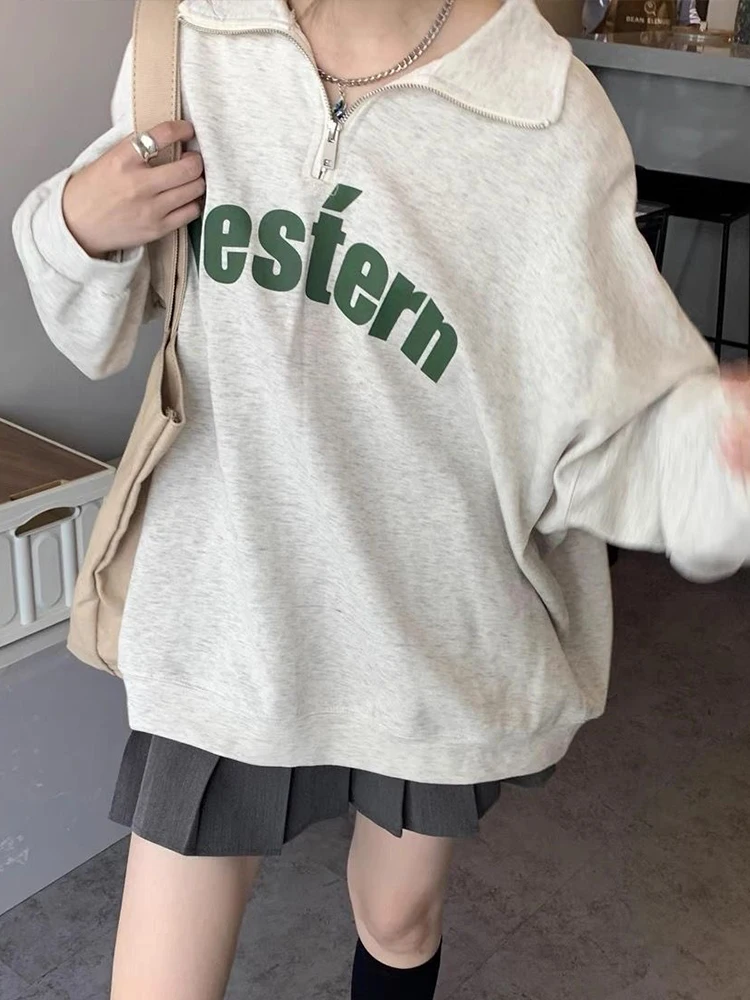 

Autumn Sweatshirts Women Vintage Letter Print Pullovers Female Preppy Style Turn Down Collar Top Casual Loose Zipper Sweatshirt