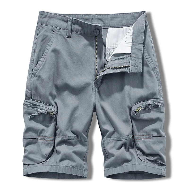 Mehrere Taschen, einfarbig, für den Sommer, lässige Cargo-Shorts für Herren, japanischer Safari-Stil, reine Baumwolle, Reißverschlusstasche, knielange Herren-Shorts_voghion.com