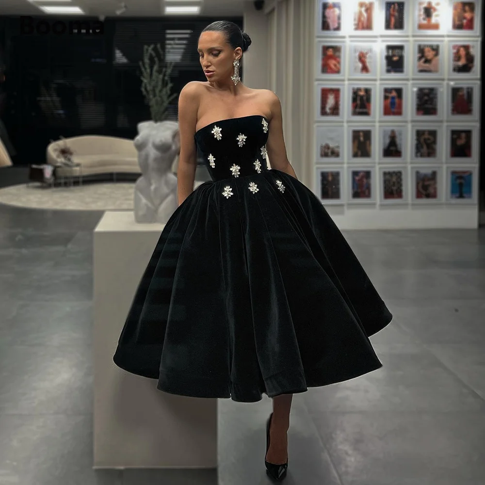 Booma Black Velvet Midi Prom Dresses Strapless Crystals Pleated Velour Formal Party Dresses Tea-Length A-Line Evening Gowns women prom dresses