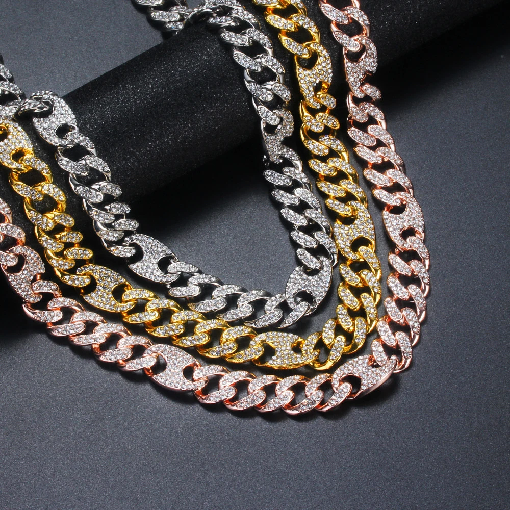 

13mm Iced Out Coffee Bean Curb Cuban Link Chain Miami Gold Plated Choker Necklace Full CZ Diamond Cut Prong Set for Women Men