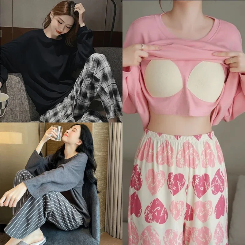 2 Teile/satz frauen Große Größe mit Brust Pads Pyjamas Frühling Herbst und Winter Nachtwäsche Lange Ärmeln Lose Nachtwäsche homewear – Detail 3