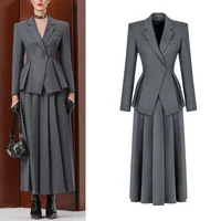Autumn Winter Office Lady Elegant Two Piece Skirt Set Dress Elegant Workwear Gray Blazer+Pleated Skirt Outfits Fashionable