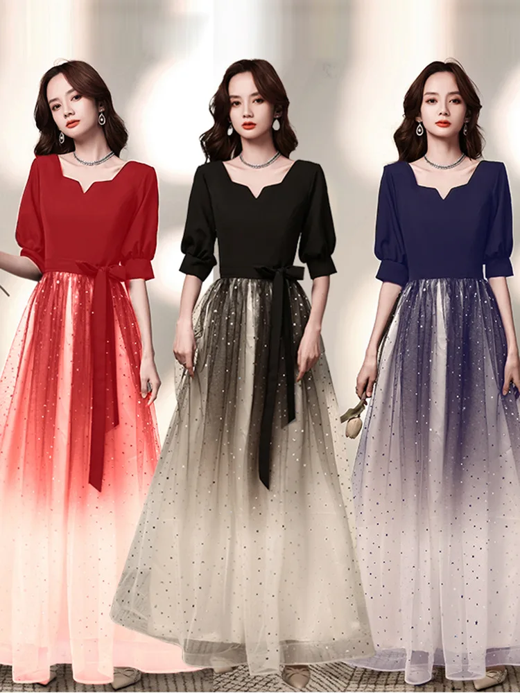 Черное вечернее платье с рукавом до локтя для женщин, новинка весны 2024, постепенное звездное небо, банкетное, темпераментное, вокальное искусство, экзамен, ежегодное собрание, ведущее