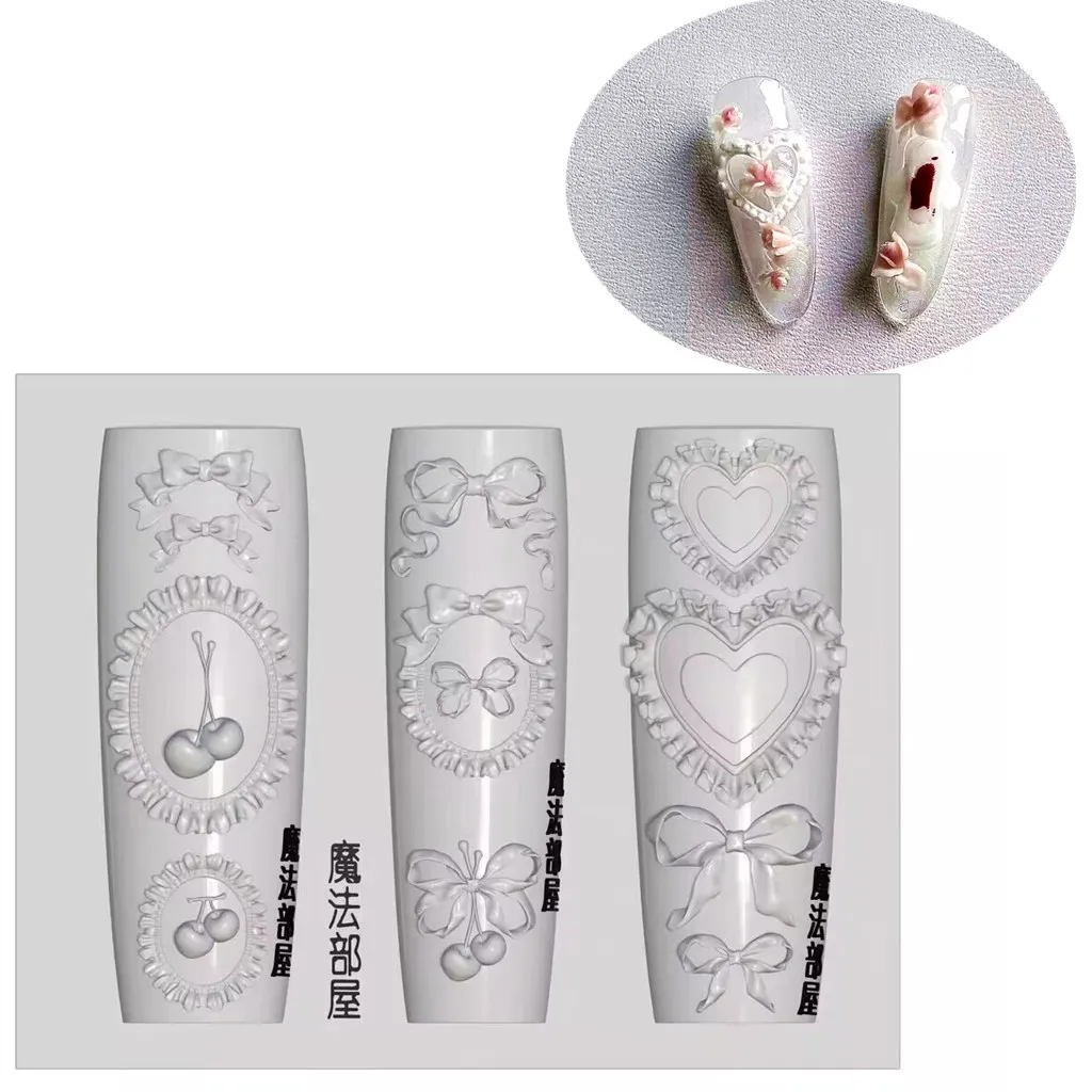 1pc 체리 보우 러브 스네이크 로즈 스커트 레이스 3D 아크릴 네일 몰드 네일 아트 장식 실리콘 스탬핑 플레이트 네일 액세서리