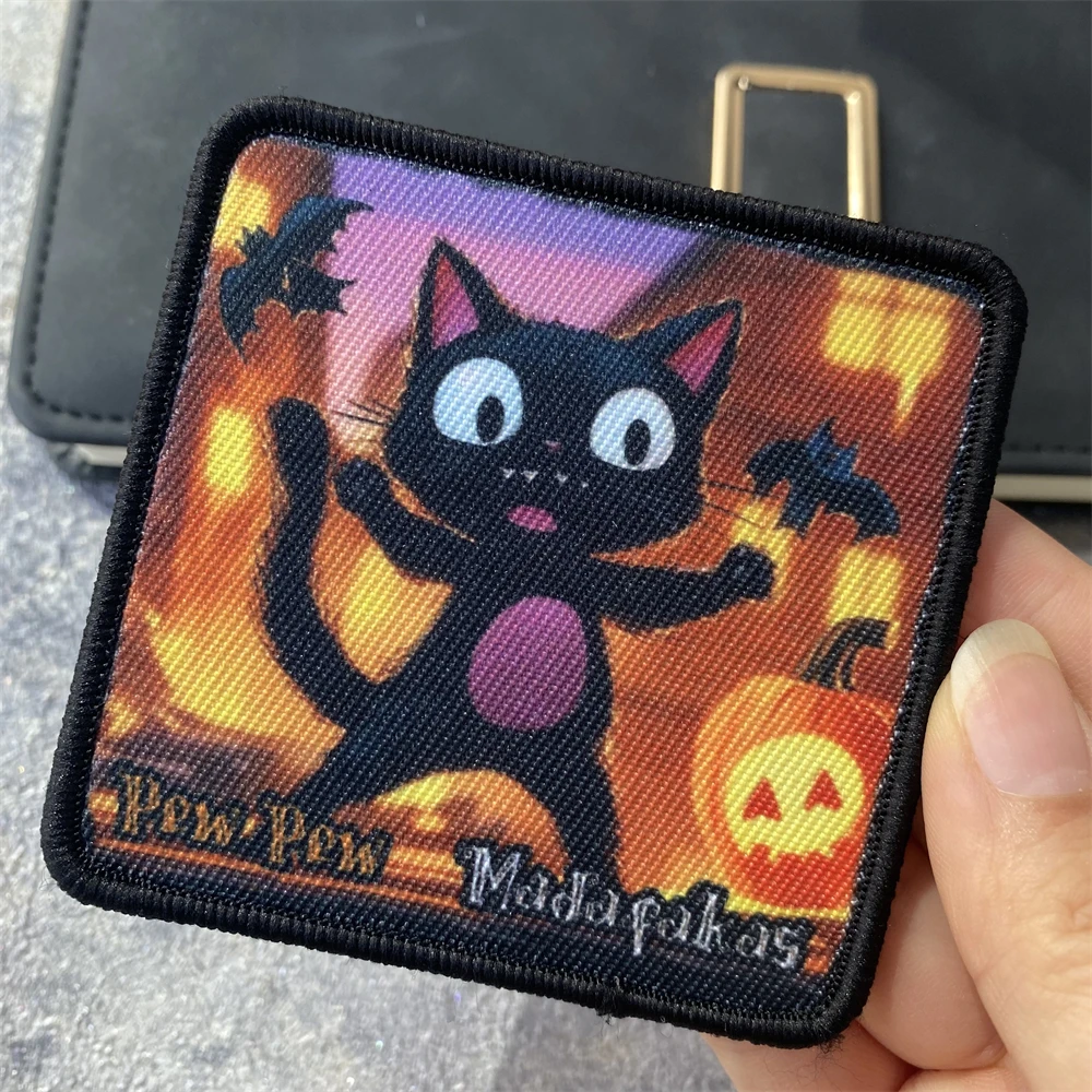 Funny Cartoon Pew Cat Halloween Embroidery Patch Black Cats Animals Expression Badge Hook&Loop Armband Tactical Backpack Sticker