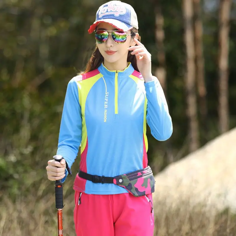 Hiking T-shirts Elastic Breathable Anti-Uv Quick Dry Hiking T-shirt Women Trekking Long Sleeve T Shirt Outdoor Sport Men T-shirt
