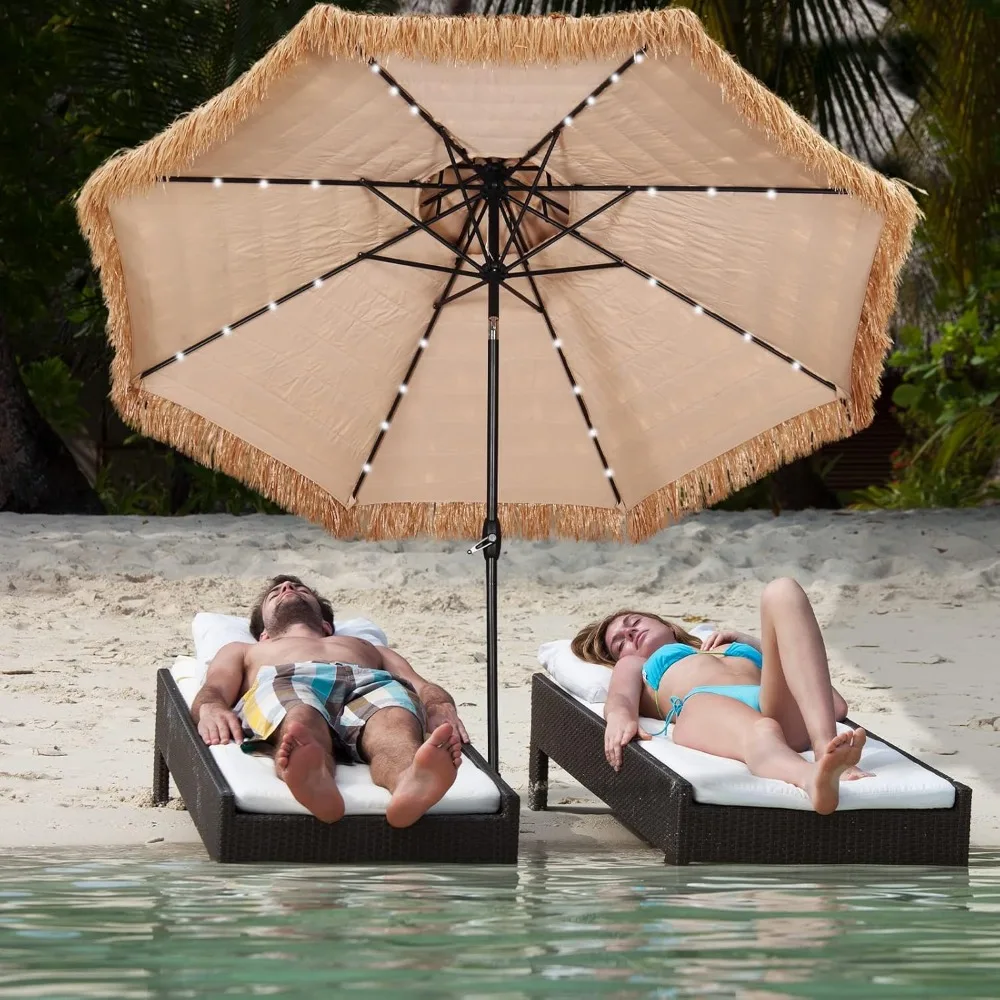 9 ft 2-Tier Solar Tiki Umbrella, 32 LED Ligths Hula Thatched Tiki Umbrella, Straw Umbrella, Pool, Patio, Beach 3