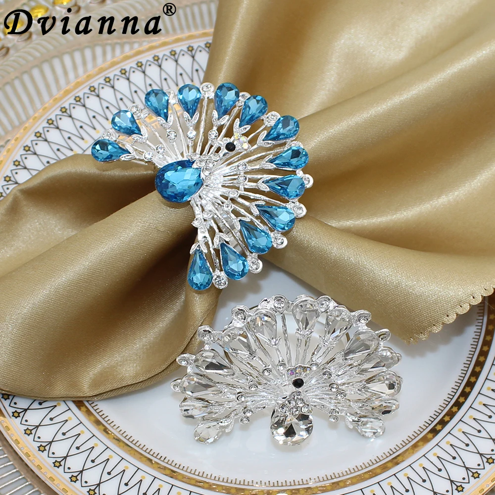 

6Pcs/Lot Peacock Napkin Holder Ring Rhinestone Napkin Rings for Wedding Parties Dinners Christmas Holidays Table Decor HWD147