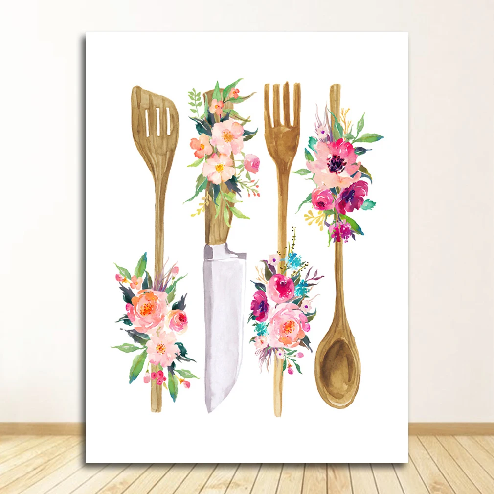 

Цветочный постер для кухонной утвари, домашний декор, настенная живопись, картина, настенное искусство, декор для гостиной в скандинавском стиле