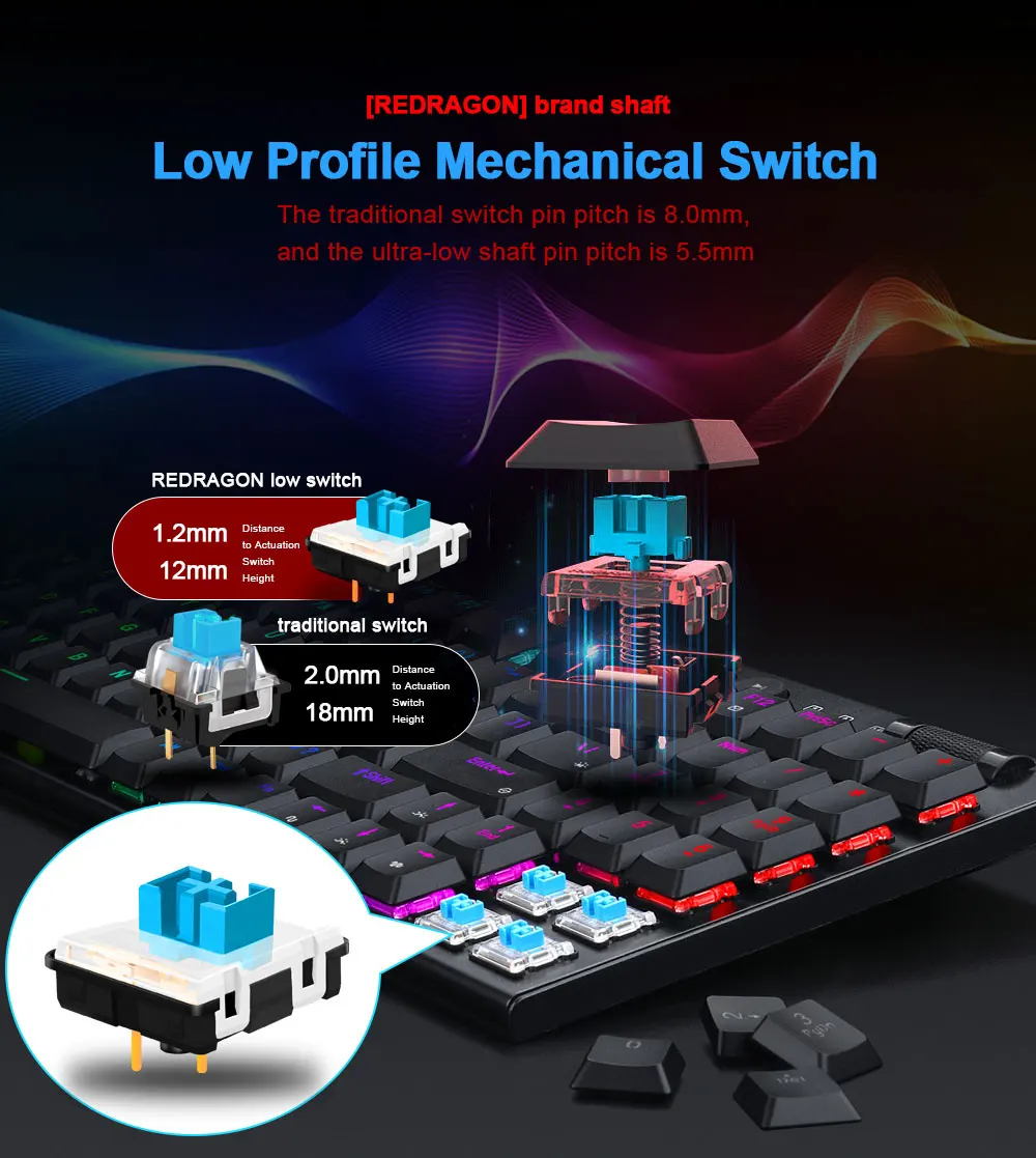 Redragon Yi K625P KB RGB USB Mini Slim Ultra-Thin Designed Wired Mechanical Gaming Keyboard Red Switch 94 Keys