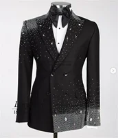 Sparkly Beaded Crystals Men Suits Slim Fit Wedding Groom Tuxedos 2 Pieces Sets Ropa Hombre Customized Slim Fit Terno Masculino 2