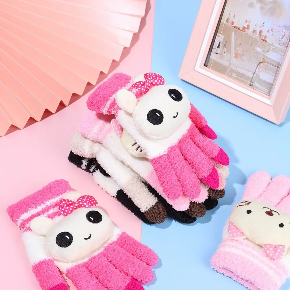 

New Year Gift Cute Knit Wool Velvet Thick Warm Mittens Women Gloves Girls Gloves Children Gloves