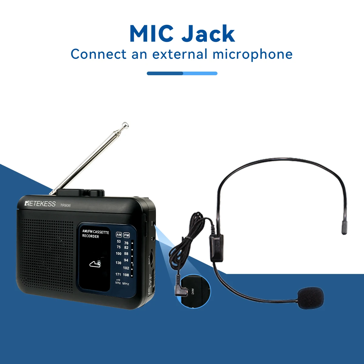 Retekess TR606 Kassettenwiedergabe Radio FM/AM Tragbares Radio Diktiergerät unterstützt integrierte/externe Mikrofonaufzeichnung – Detail 7
