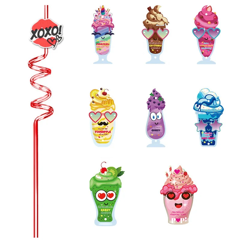 Straws For Children's Valentine's Cards, With Heart-Shaped Bags And Stickers, Are Used For Classroom Exchange.