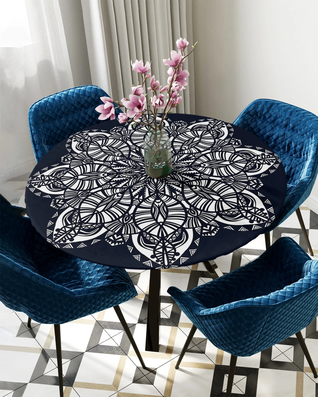 

Texture Floral Mandala Abstract Lines Round Tablecloth Elastic Table Cover Waterproof Dining Table Decoration Accessorie