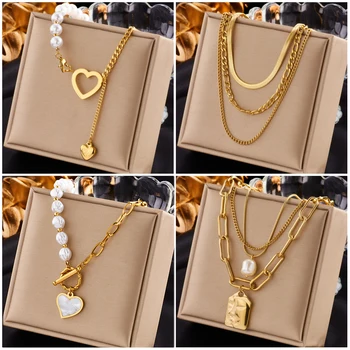 Heart Pearl Pendant Necklace – Gold 316L Stainless Steel Punk Street Style For Women