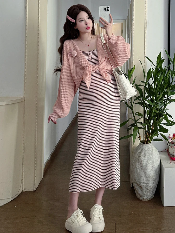 출산복 수유 가운 스트라이프 니트 가디건 세트 봄 젠틀 레이지 스타일 임산부 의류 코튼 이너 라이너