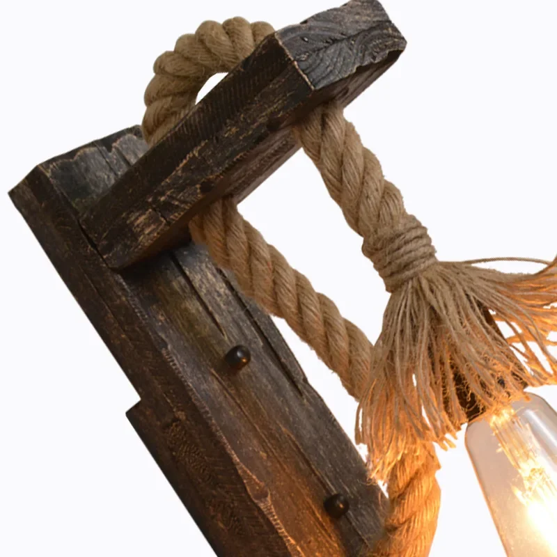 Wall Light Vintage Wood Hemp Rope Wall Lamps Fixture Retro Hallway Bedside Loft Light Luminaire Industrial American Decor Lighting Wooden wall light