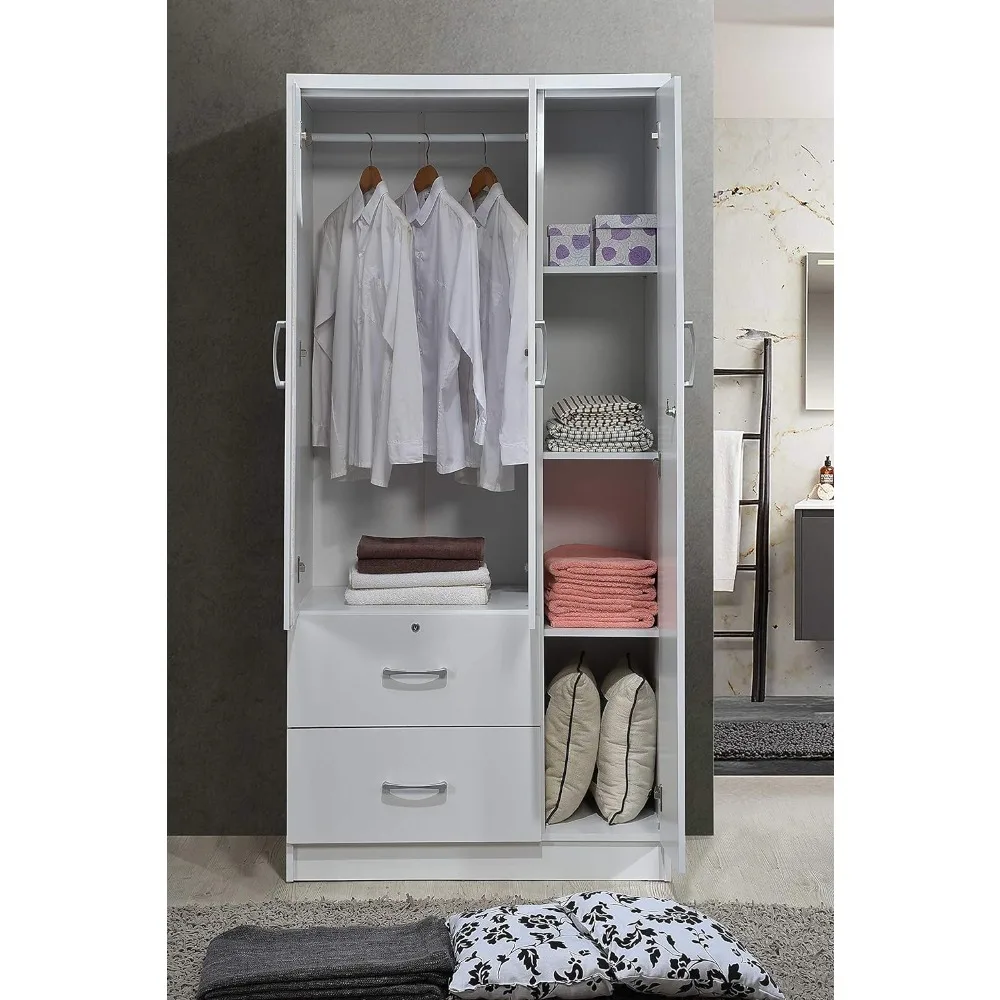 

3-Door 2-Drawers Clothes Closet for Room 3-Shelves in White Bedroom Armoires Wardrobe 21" D X 36" W X 72" H Furniture Home