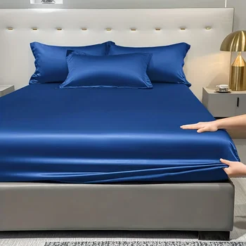 1 Simple Modern Satin Solid Color Fitted Sheet, Solid Color Ice Silk Bedspread For Bedroom, Bedding (Excluding Pillowcases) 4