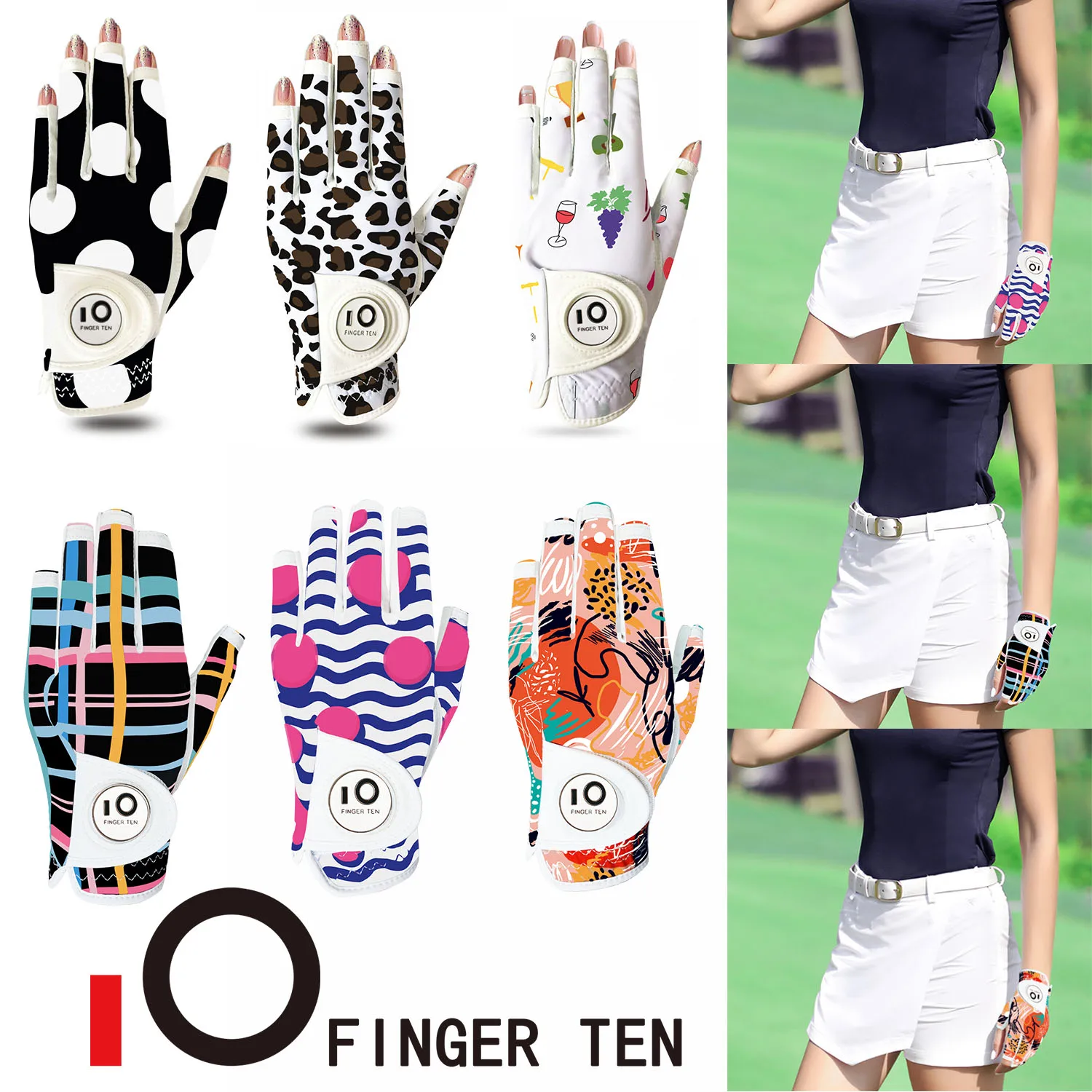 Half Finger Golf Gloves Women Leather with Ball Marker Ladies Wear Left
