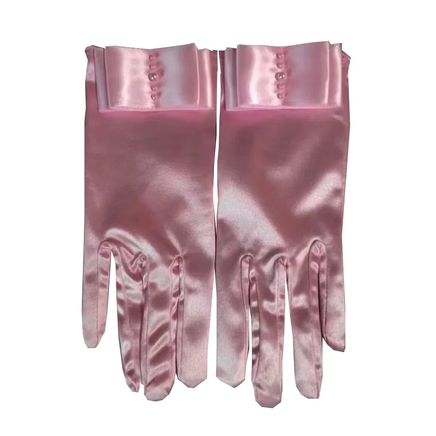 Woman Wedding Gloves Short Wrist Satin With Pearl Bow White Yellow Red Pink Blue Bridal Party Gifts Wedding Accessories