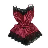 Ensemble pyjama en Satin et dentelle pour femmes, vêtements de nuit, col en v, extensible, Lingerie Sexy, bretelles, haut, short, vêtements de nuit 2