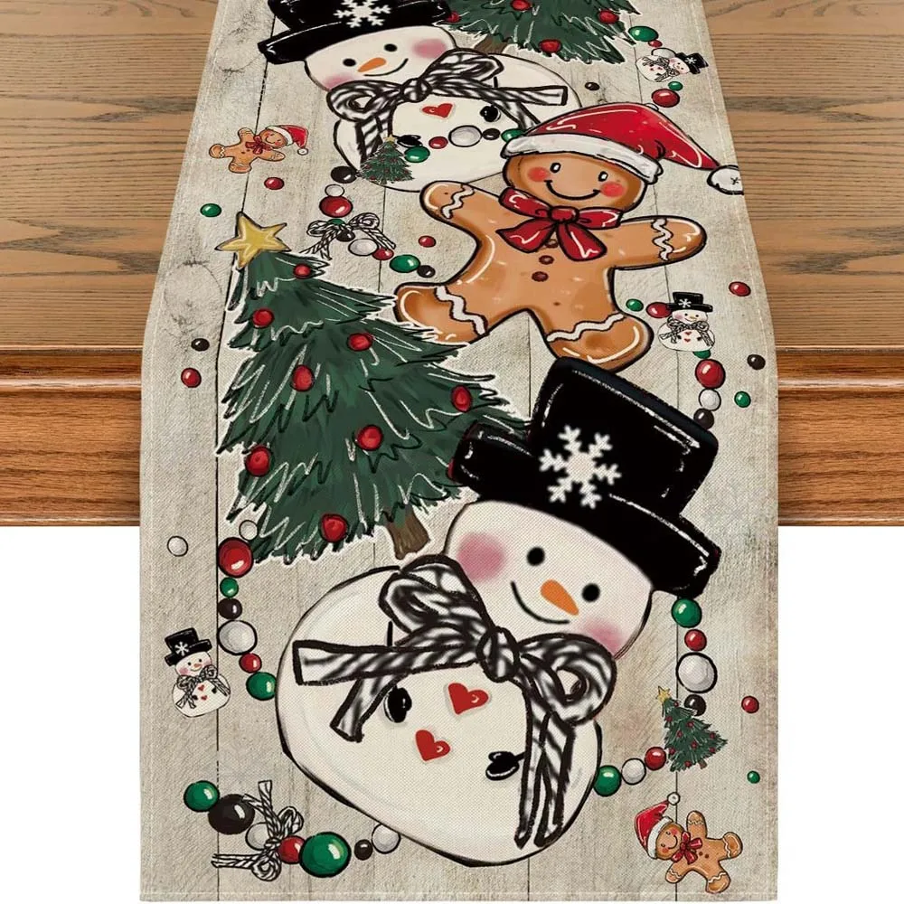 30x180cm Christmas Snowman Table Runner Reindeer Xmas Tree Print Table Mat Christmas Dining Table Decorations 2025 New Year Gift