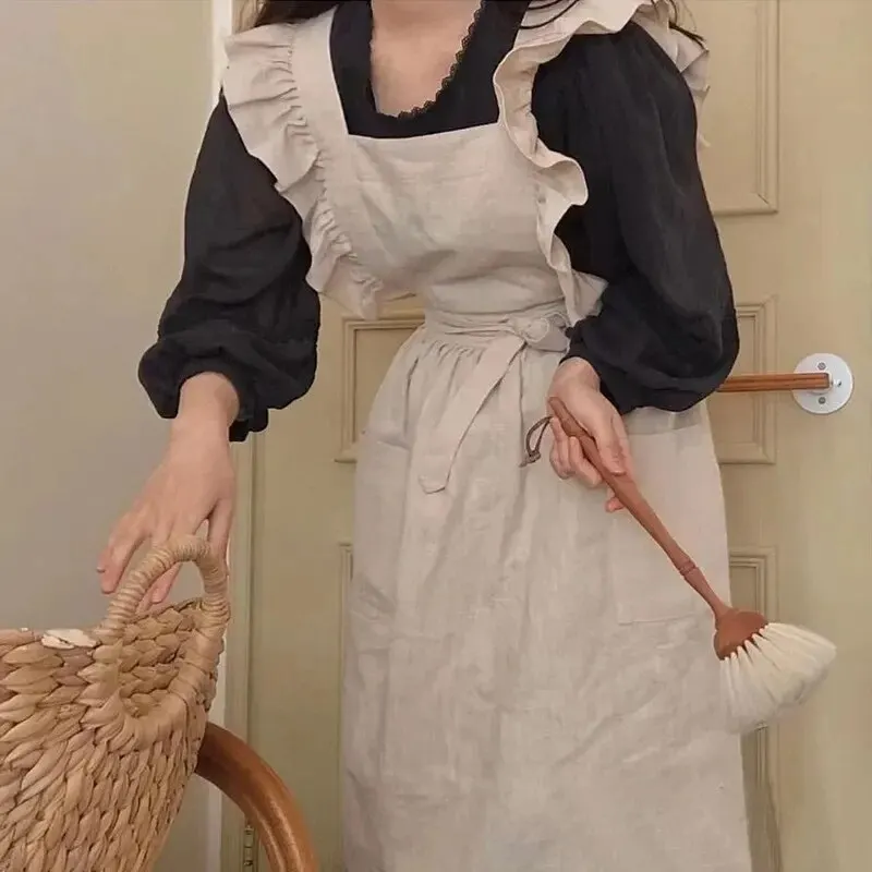 Korean Style Ruffle Edge Vintage French Style Apron For Baking Education Art Nail Art Clothing Milk Tea Coffee Shop Apron