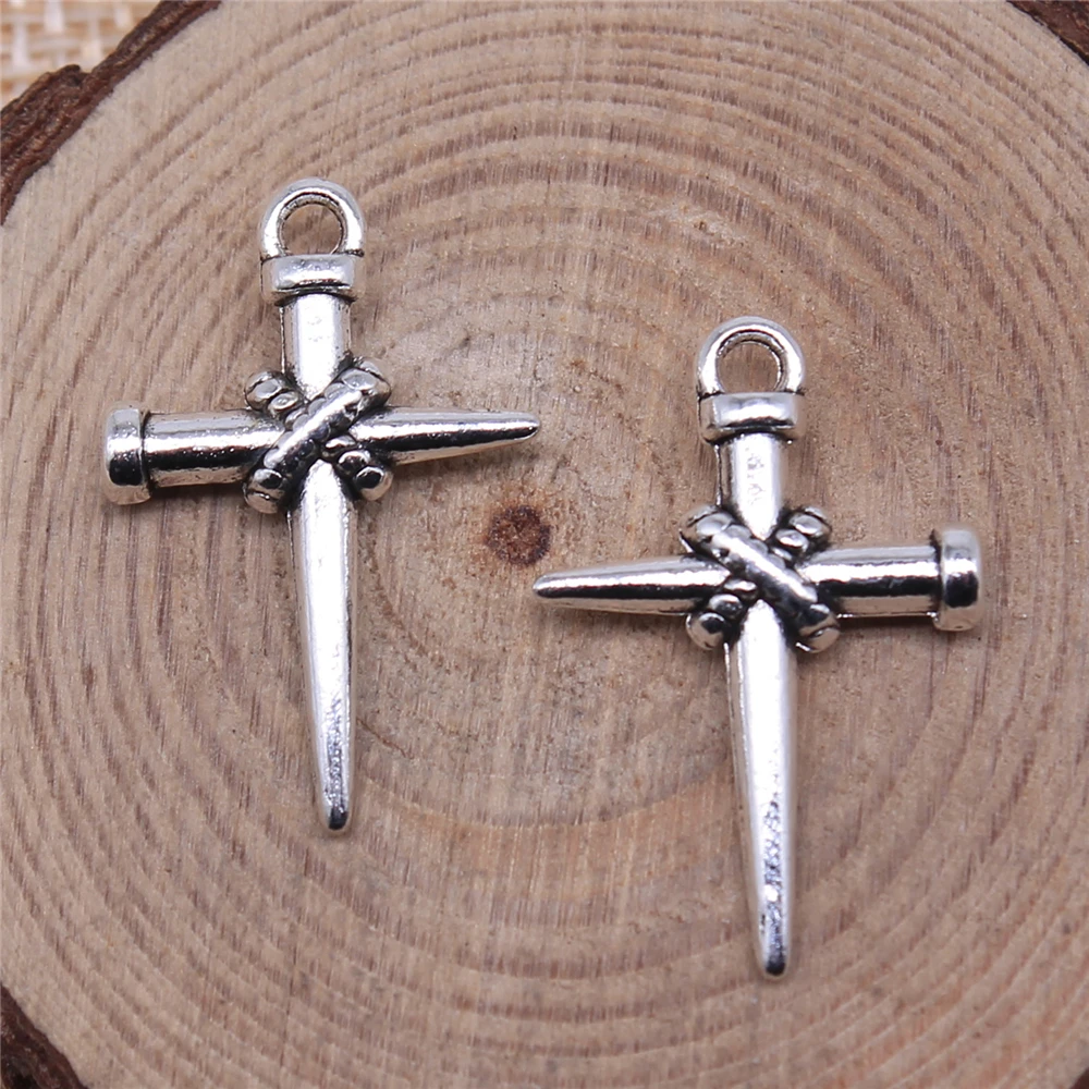 WYSIWYG 앤티크 실버 컬러 네일 크로스 참 펜던트, DIY 쥬얼리 제작용, 22x16mm, 10 개
