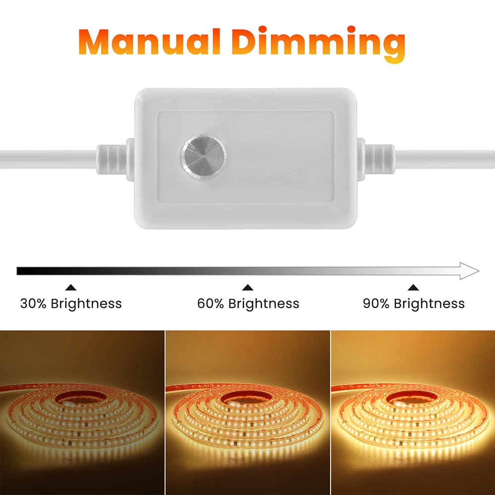 220V 디밍 가능 LED 스트립 라이트 10cm 절단형 디머 스위치 전원 키트 방수 접착 테이프 플렉스 120LEDs/M 리본형 따뜻한 자연광 백색