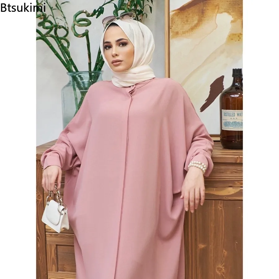 New Fashion Women's Muslim Solid Long Dress Dubai Loose Elegant Bat Sleeves Robes Middle East Kaftan Robe Female Abaya Musulmane