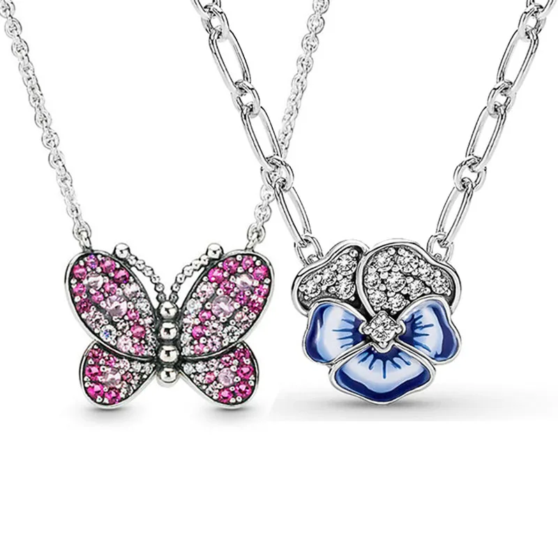 

Dazzling Blue Pansy Flower Dazzling Pink Butterfly Pendant 925 Sterling Silver Necklace For Europe Bead Charm DIY Jewelry