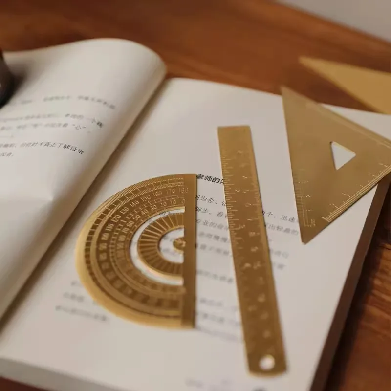 Metal Brass Straight Ruler Vintage Triangle Protractor Measuring Tool Painting Drafting Supplies Korean Stationery Office
