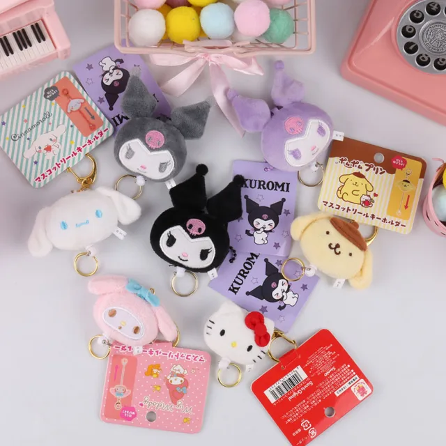 Kawaii Sanrioed Kuromi Keyring Cartoon Cinnamoroll Retractable Plush Keychain Girls Melody Keroppi Kitty Bag Pendant Doll Toys 1