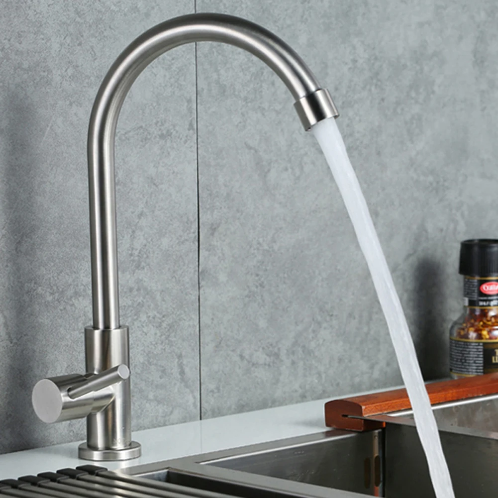 

1 Pcs Kitchen Faucet 304 Stainless Steel Water Purifier Single Cold Water Lever Hole Tap Silver 360° Rotation Elbow Sink Tap