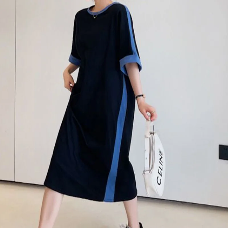 Summer Clothes for Women Plus Size Casual Crew Neck Contrasting Colors Short Sleeve Loose Mid-Calf Straight T-shirt Black Dress